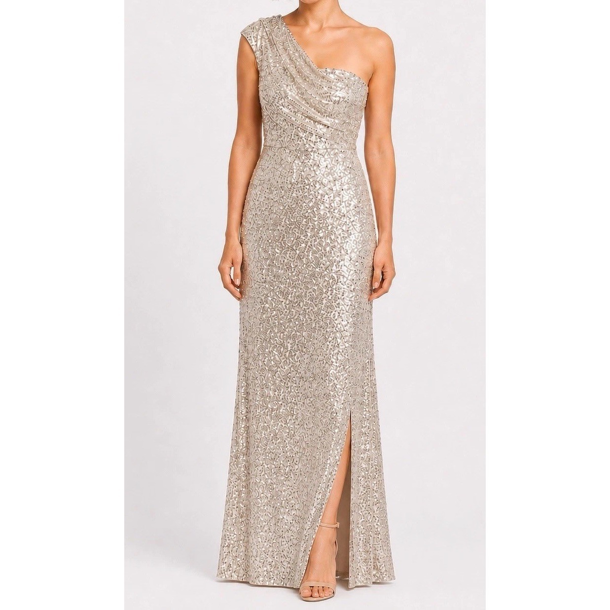 Nwt Eliza J Sequined One-Shoulder Maxi Dress Size 10champagne